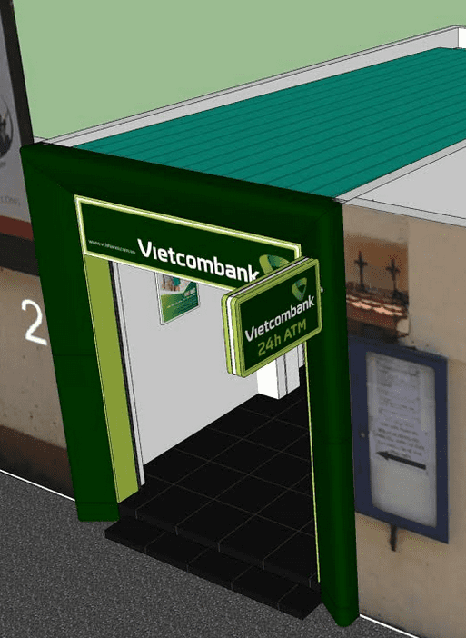 Mô hình thi công, lắp đặt booth quảng cáo ATM cho ngân hàng Vietcombank của Quảng Cáo Việt