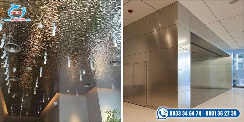 Tấm ốp kim loại inox có 2 loại là inox sóng nước, inox tấm phẳng và có đa dạng về màu sắc.