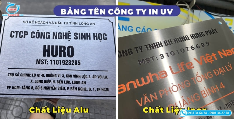 Bảng tên công ty in UV chất liệu alu, sự khác biệt giữa alu và inox