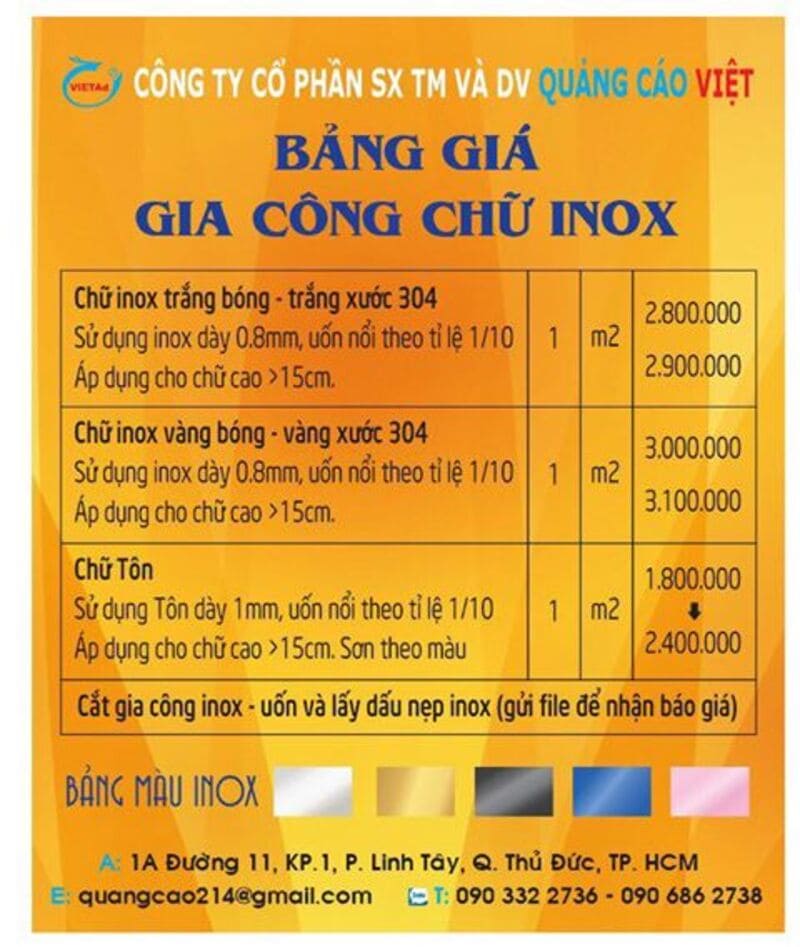 Bảng giá gia công chữ inox theo yêu cầu