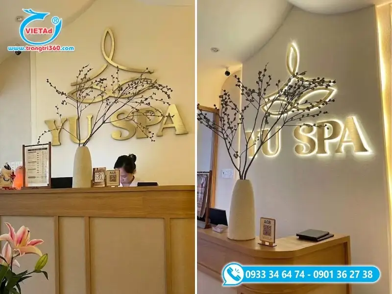 Chữ nổi Inox đế Mica cháo gắn đèn hắt sáng chân sang trọng cho quầy lễ tân