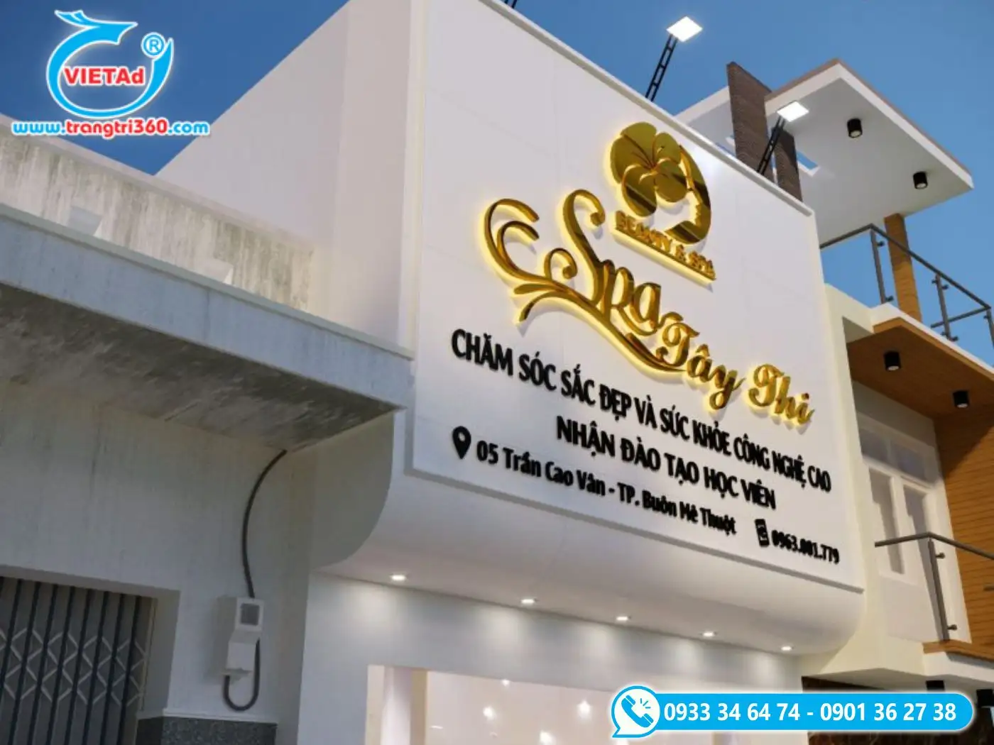 Bảng hiệu spa thiết kế sang trọng kết hợp inox và mica