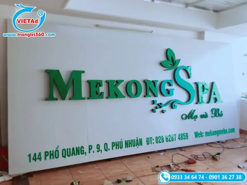 Thi công bảng hiệu alu chữ inox sơn hấp nhiệt màu xanh