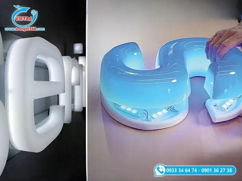 Chữ mica uốn nổi được gắn đèn led để tạo hiệu ứng chiếu sáng đẹp mắt, thu hút thêm sự chú ý