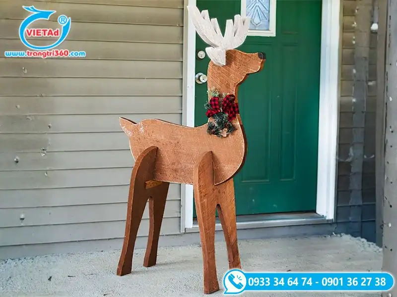 Tuần lộc gỗ đứng 3D có phụ kiện nơ Noel