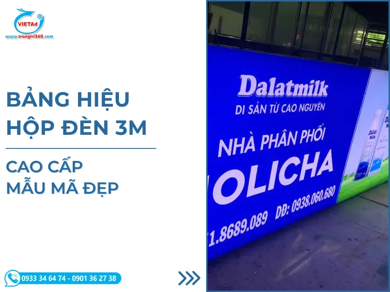 Bảng hiệu hộp đèn 3M cao cấp in UV màu xanh nổi bật chất lượng cao.