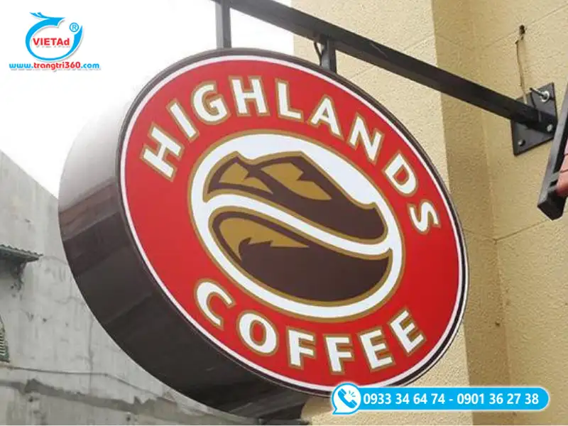 Bảng hiệu hộp đèn vẫy Highlands Coffee hình tròn hút nổi treo khung sắt ngoài trời