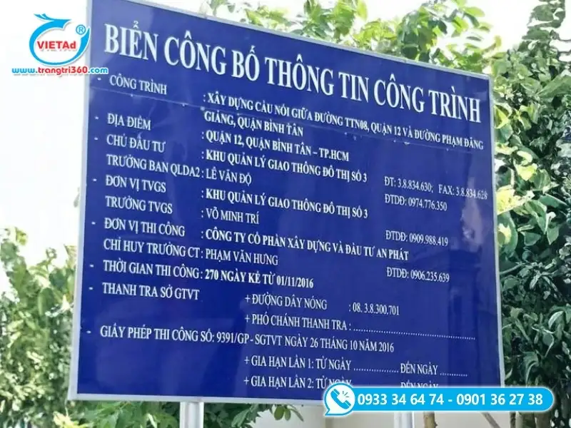 Biển công bô thông tin công trình thể hiện các thôgn tin đầy đủ về công trình