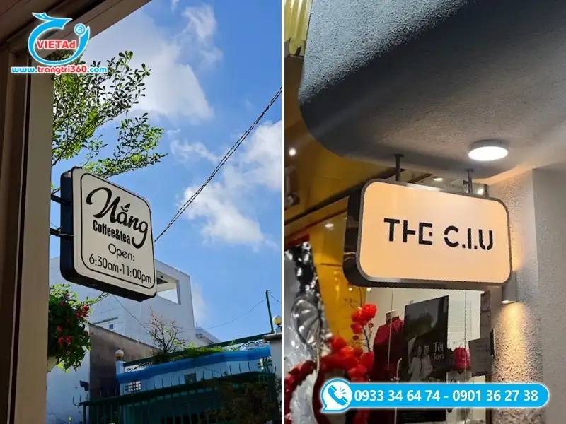 Hộp đèn vẫy chất liệu Mica gắn đèn LED sáng ấm bên trong, lắp đặt vuông góc cạnh cửa hàng