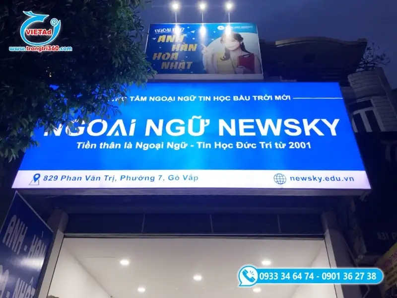 Biển hộp đèn bạt không gân xuyên sáng rực rỡ, kết hợp bảng vẫy và đèn LED
