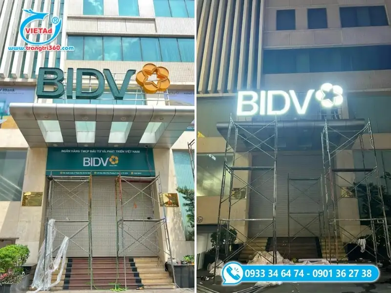 Biển hiệu ngân hàng chất liệu Mica xanh và logo thương hiệu Mica vàng cùng biển hiệu bạt Hiflex xanh in UV