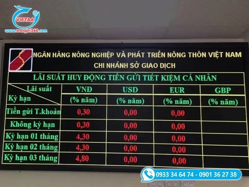 Biển hiệu LED điện tử ma trận hiển thị thông tin lãi suất ngân hàng