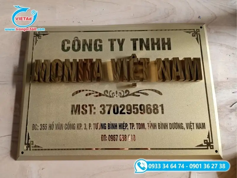 Biển tên công ty bằng inox ăn mòn gắn chữ nổi inox vàng gương siêu bền
