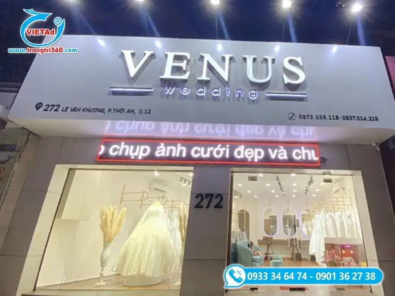 Bảng hiệu studio áo cưới nền nhôm nhựa alu siêu bền, bóng đẹp
