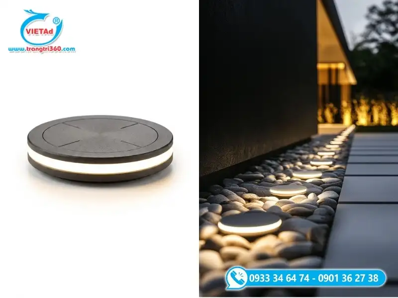 Mẫu đèn nấm sân vườn được đặt trang trí lối đi trên những con đường sỏi