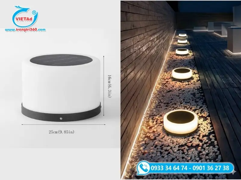 Mẫu đèn LED tròn chống nước trang trí san vườn, sử dụng điện năng lượng mặt trời