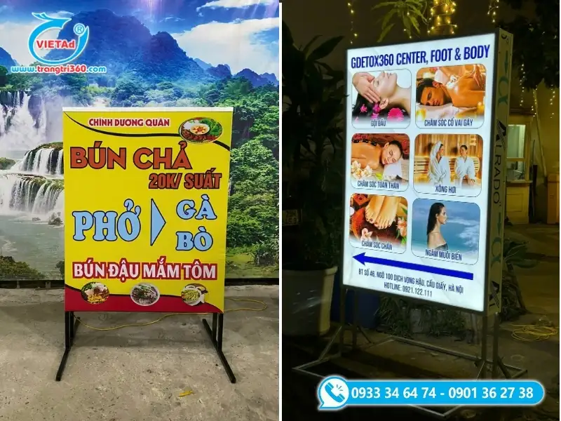 Kiểu dáng bảng hiệu đứng có chân đế tự đứng độc lập và dễ dàng di chuyển trên bề mặt vỉa hè
