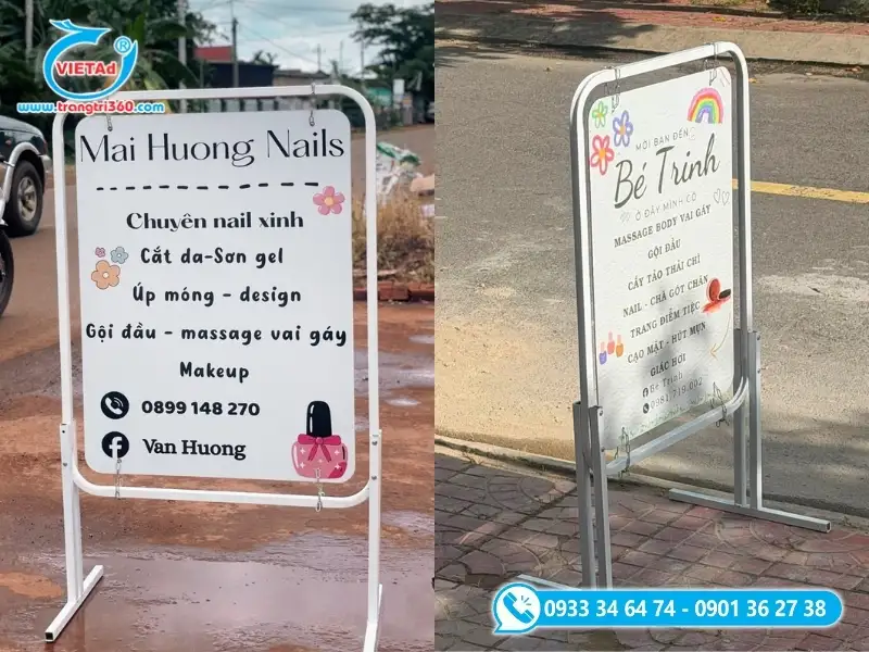 Mẫu bảng hiệu vẫy chân sắt đứng hai mặt cho tiệm nail mi nhỏ
