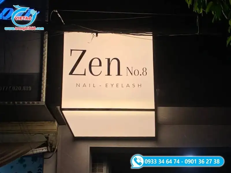Biển vẫy hộp đèn phát sáng vuông góc cho tiệm nail và nối mi nổi bật ban đêm