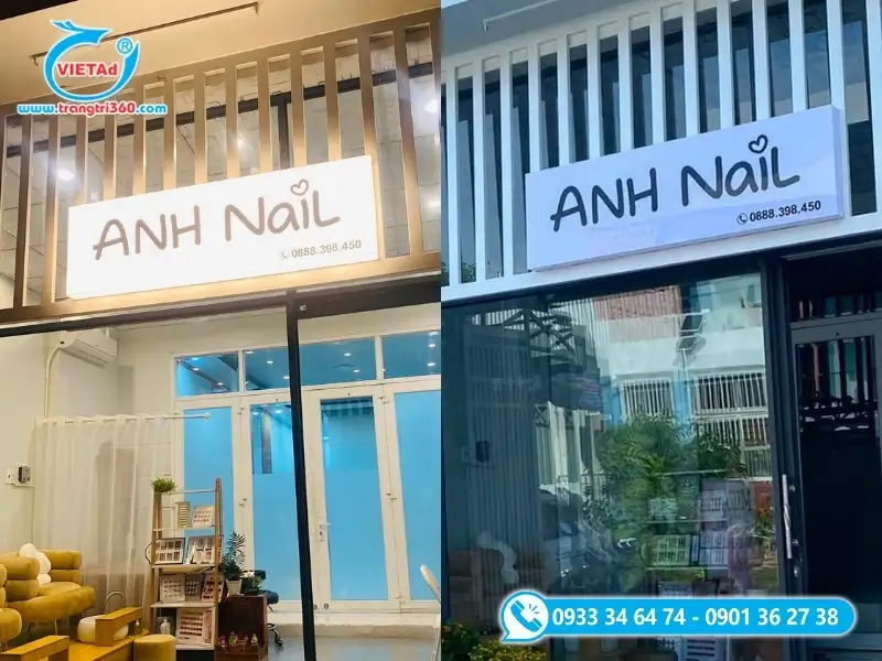 Mẫu hộp đèn tiệm nail bằng Mica xuyên sáng lắp trên hệ lam nhôm sơn tĩnh điện hiện đại