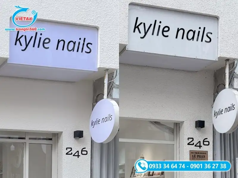 Bộ đôi hộp đèn tiệm nail bằng Mica khối nổi kết hợp biển vẫy tròn đồng bộ theo phong cách tối giản