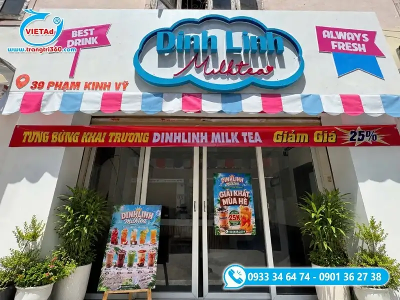 Băng rôn giảm giá cho quán trà sữa nhân dịp mở cửa chi nhánh mới