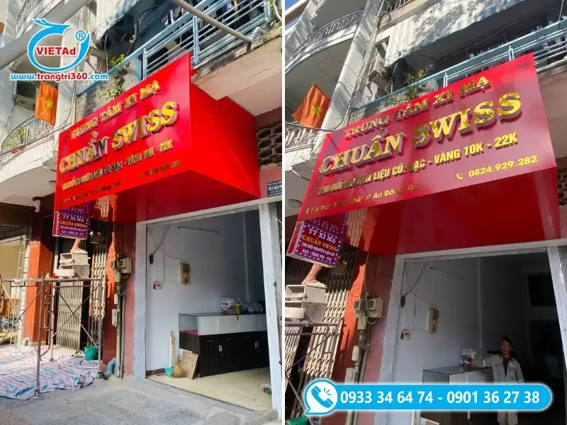 Chữ nổi inox vàng gương nổi bật trên nền alu đỏ