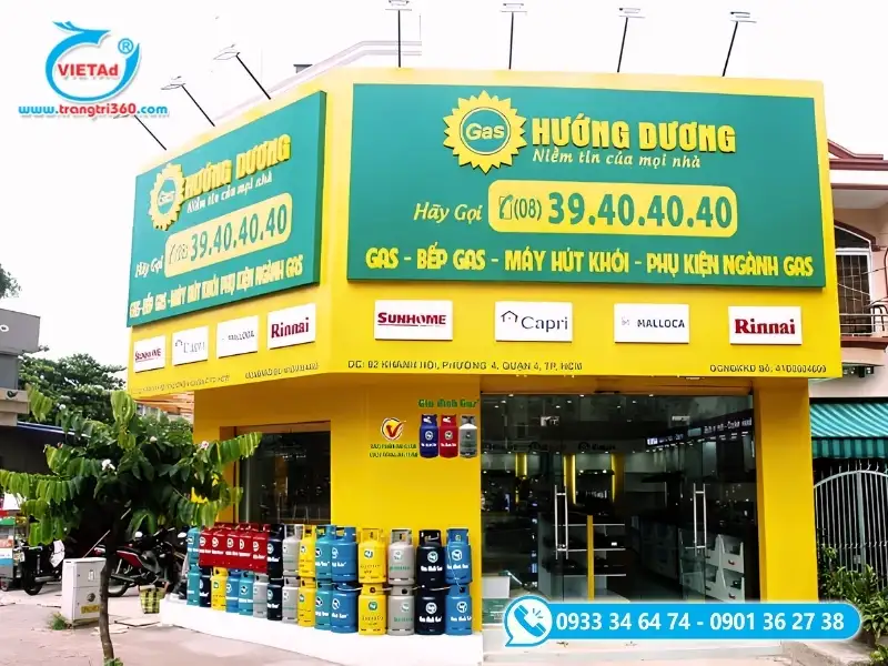 Quy trình thi công bảng hiệu cửa hàng gas tại Quảng Cáo Việt chuyên nghiệp với các bước lắp đặt khung sắt và hoàn thiện mặt bảng hiệu