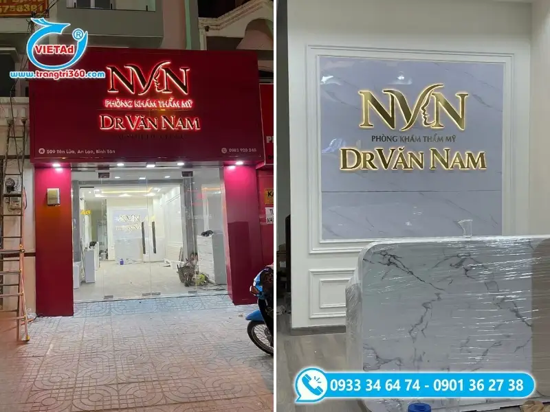 Bộ chữ nổi inox vàng gương 3D lắp đặt đồng bộ tại bảng hiệu mặt tiền và khu vực lễ tân