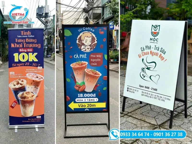 Các mẫu standee đặt tại lối vào và quầy gọi món của quán cà phê