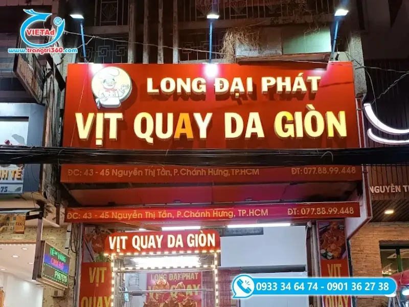 Mặt tiền tiệm vịt quay ốp alu ngoài trời kết hợp bộ chữ nổi mica xuyên sáng