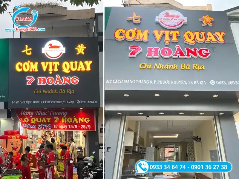 Thiết kế bảng hiệu tiệm vịt quay với chữ Mica sáng nổi bật vào ban đem, khách dễ nhìn từ xa